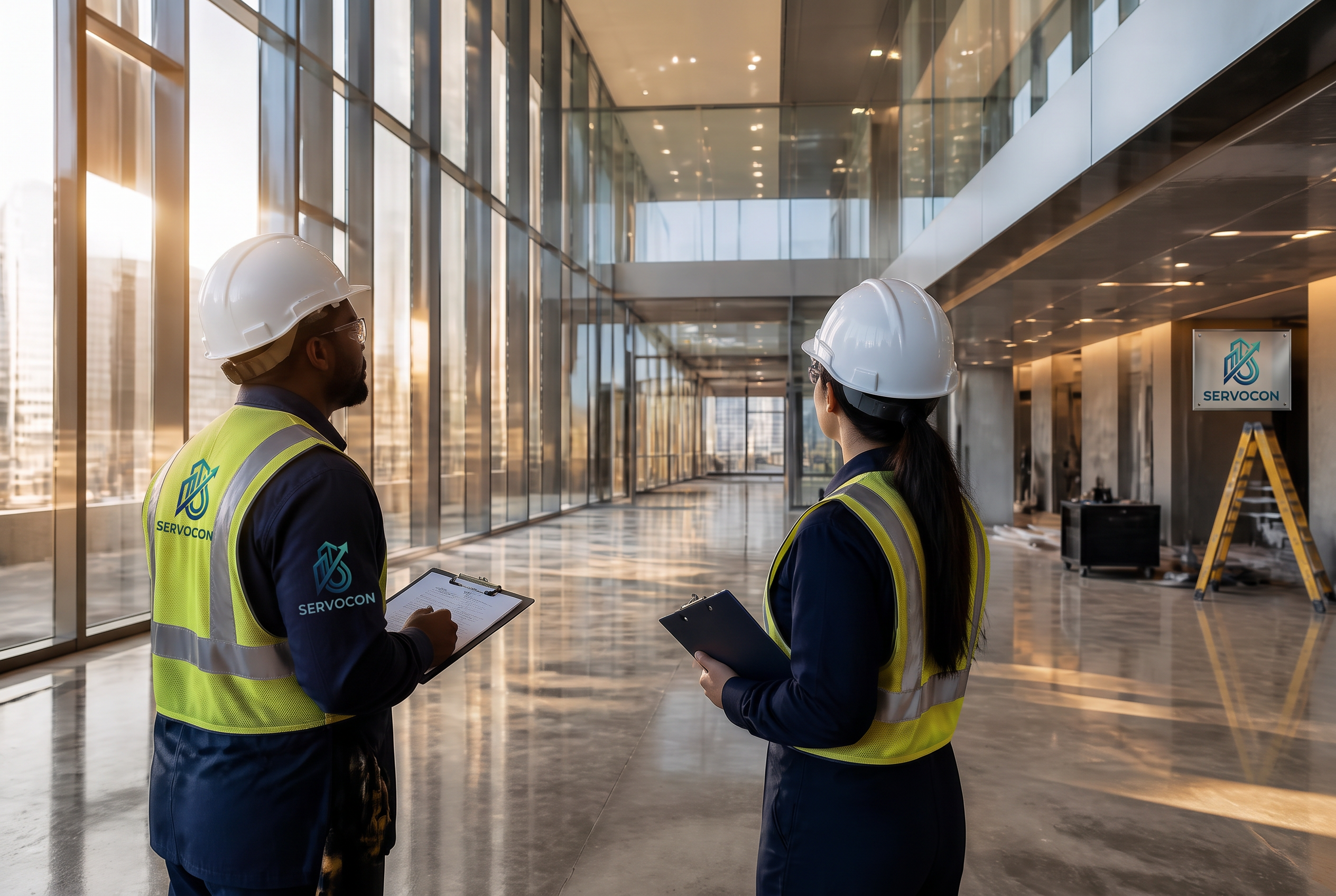 SERVOCON facilities management supervisors inspecting a modern commercial building